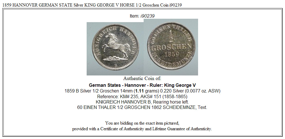 1859 HANNOVER GERMAN STATE Silver KING GEORGE V HORSE 1/2 Groschen Coin i90239