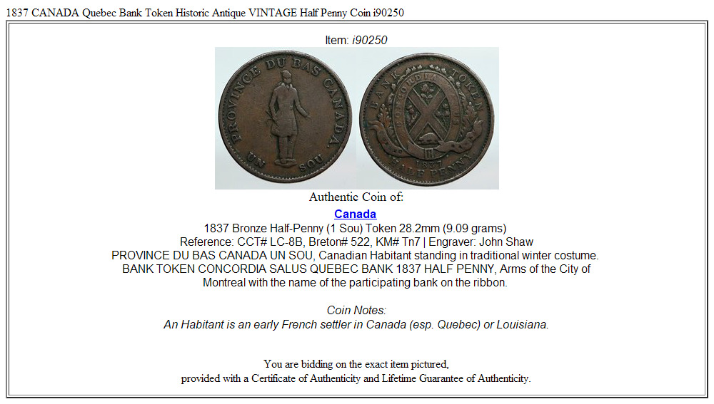 1837 CANADA Quebec Bank Token Historic Antique VINTAGE Half Penny Coin i90250