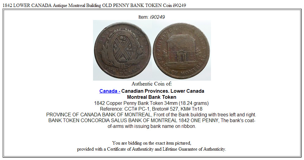 1842 LOWER CANADA Antique Montreal Building OLD PENNY BANK TOKEN Coin i90249