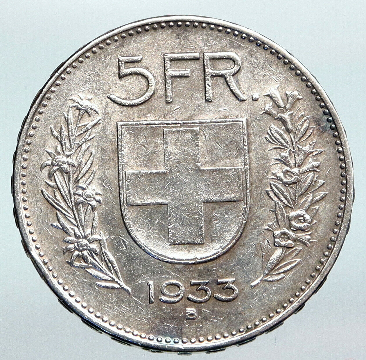 1933 B Switzerland Founding HERO WILLIAM TELL 5 Francs Silver Swiss Coin i90263