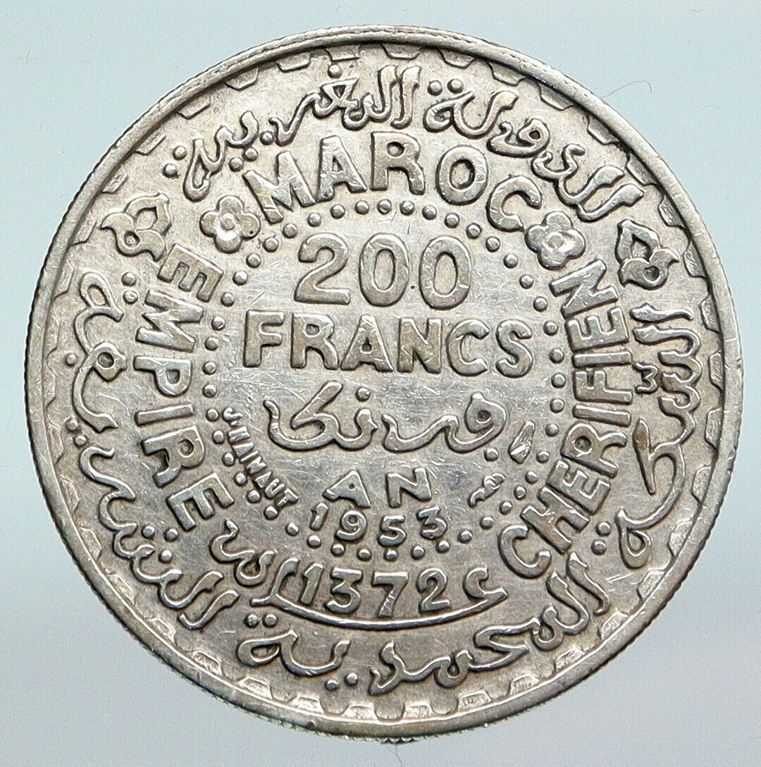 1953 1372 AH MOROCCO King Mohammed V Star & Crown Genuine 200 Franc Coin i90264