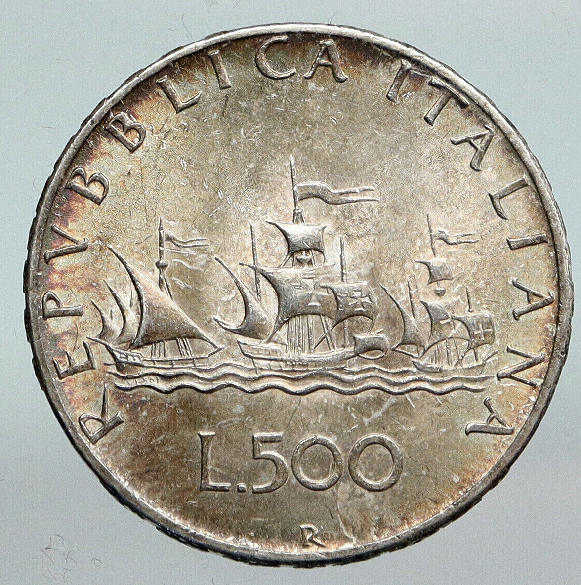 1966 ITALY CHRISTOPHER COLUMBUS Ship DISCOVER America SILVER 500Lire Coin i90310