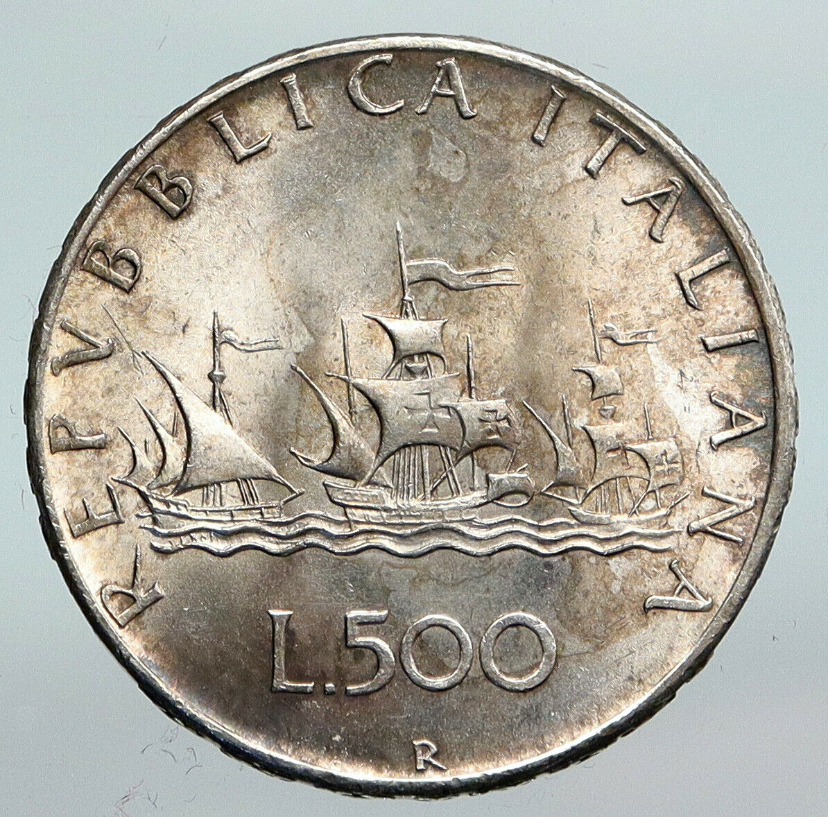 1966 ITALY CHRISTOPHER COLUMBUS Ship DISCOVER America SILVER 500Lire Coin i90309