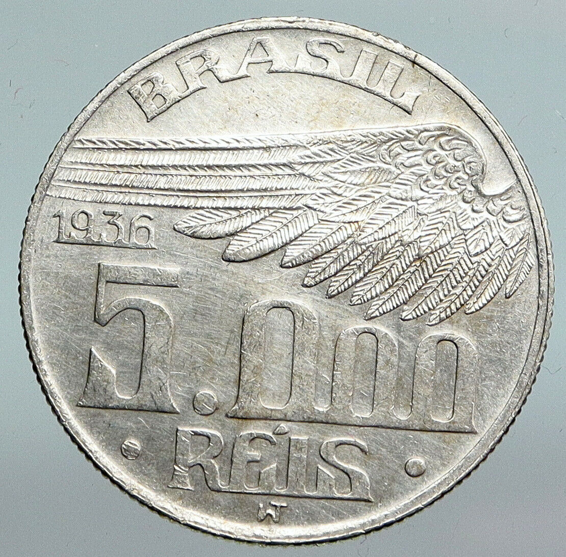 1936 BRAZIL Alberto Santos Dumont AVIATION Antique Silver 5000 Reis Coin i90337