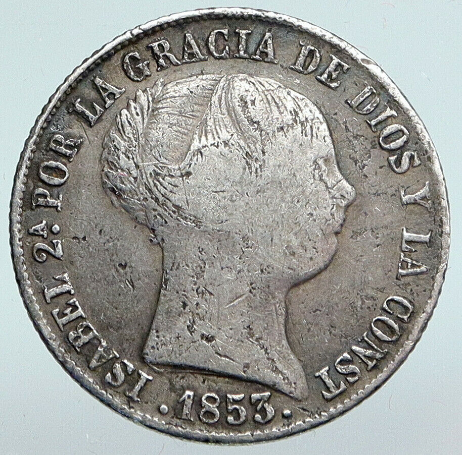 1853 SPAIN Queen ISABELLA II Antique VINTAGE Silver 4 Reales Spanish Coin i90321