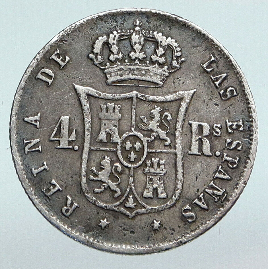 1853 SPAIN Queen ISABELLA II Antique VINTAGE Silver 4 Reales Spanish Coin i90321