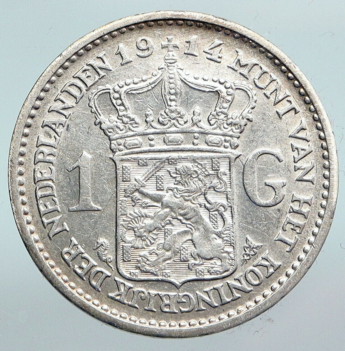 1914 NETHERLANDS Kingdom w Queen WILHELMINA VINTAGE Silver 1 Gulden Coin i90327