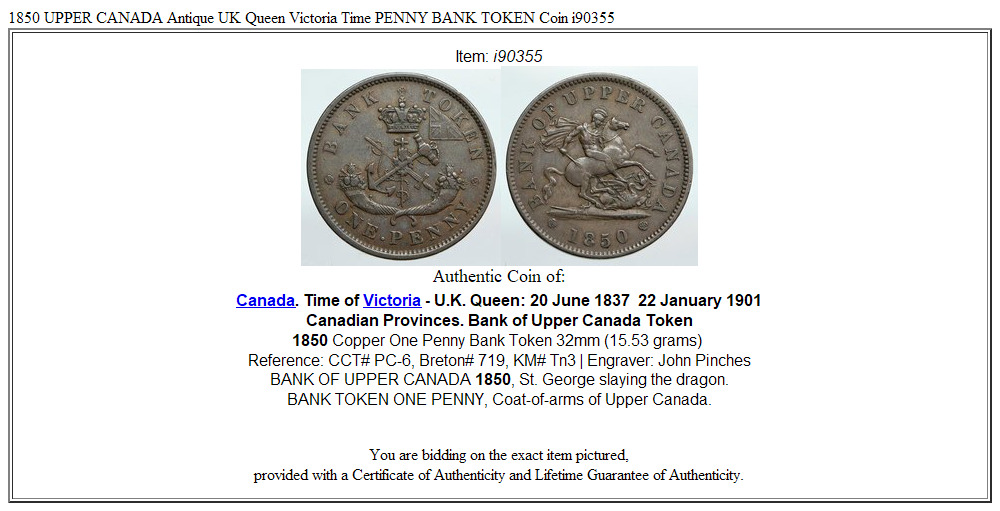 1850 UPPER CANADA Antique UK Queen Victoria Time PENNY BANK TOKEN Coin i90355