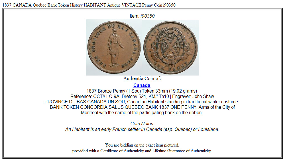 1837 CANADA Quebec Bank Token History HABITANT Antique VINTAGE Penny Coin i90350