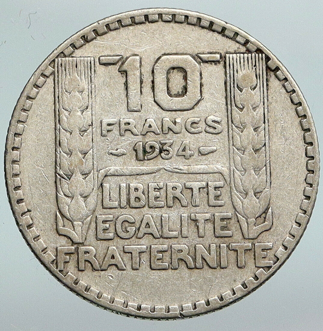 1934 FRANCE Authentic Vintage Silver 10 Francs French MOTTO Coin Mariane i90372