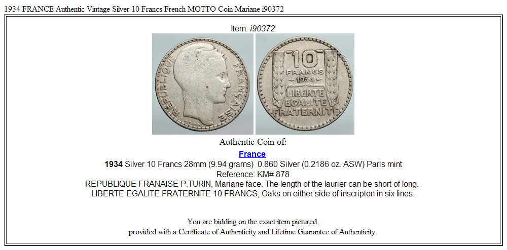 1934 FRANCE Authentic Vintage Silver 10 Francs French MOTTO Coin Mariane i90372