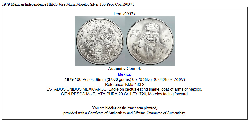 1979 Mexican Independence HERO Jose Maria Morelos Silver 100 Peso Coin i90371