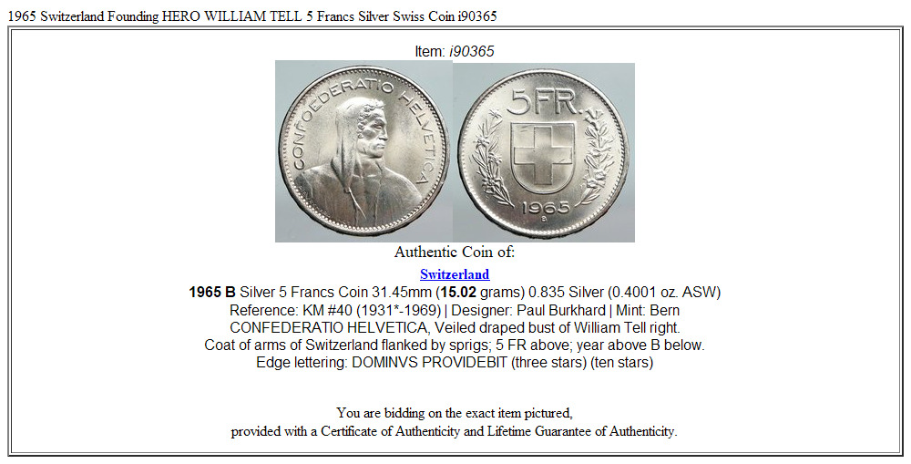 1965 Switzerland Founding HERO WILLIAM TELL 5 Francs Silver Swiss Coin i90365