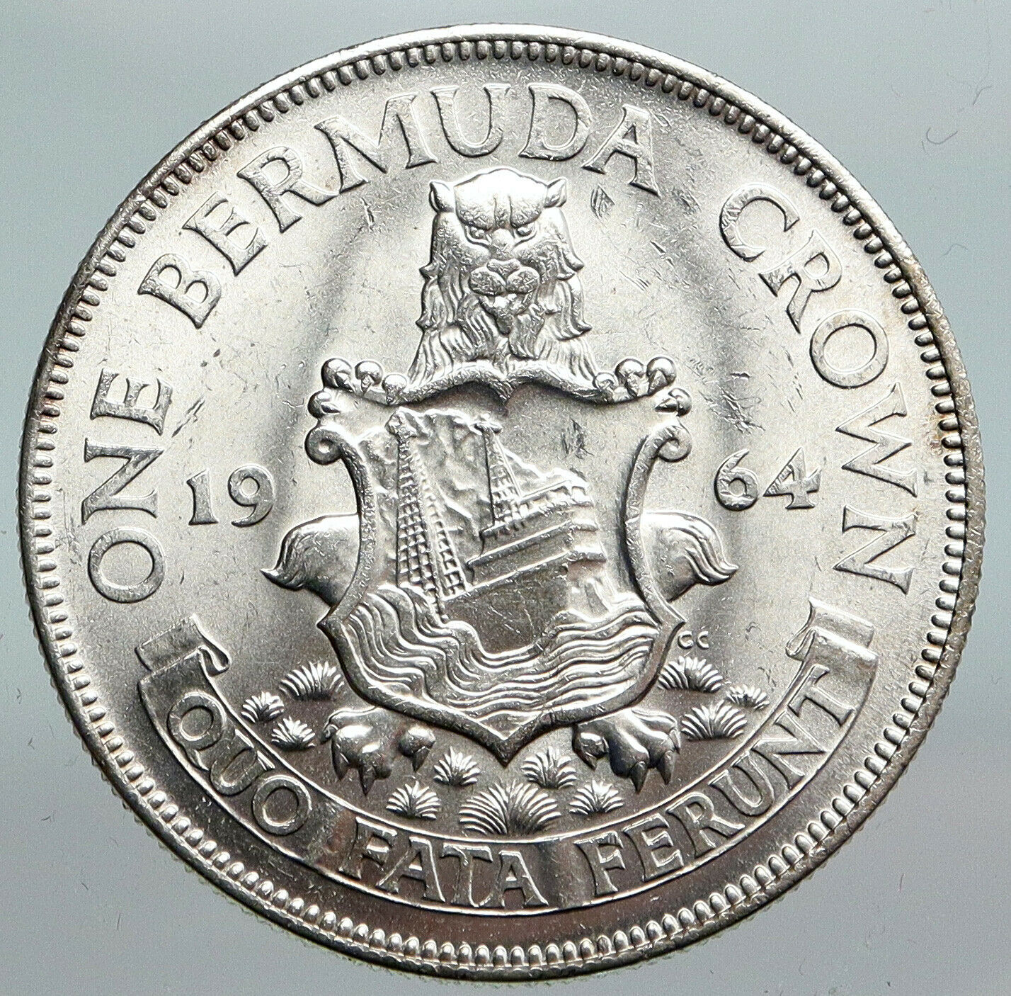 1964 BERMUDA British Colony LARGE Elizabeth II VINTAGE Silver Crown Coin i90362