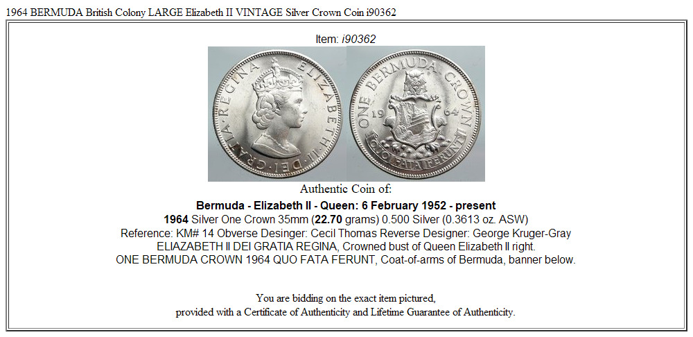 1964 BERMUDA British Colony LARGE Elizabeth II VINTAGE Silver Crown Coin i90362