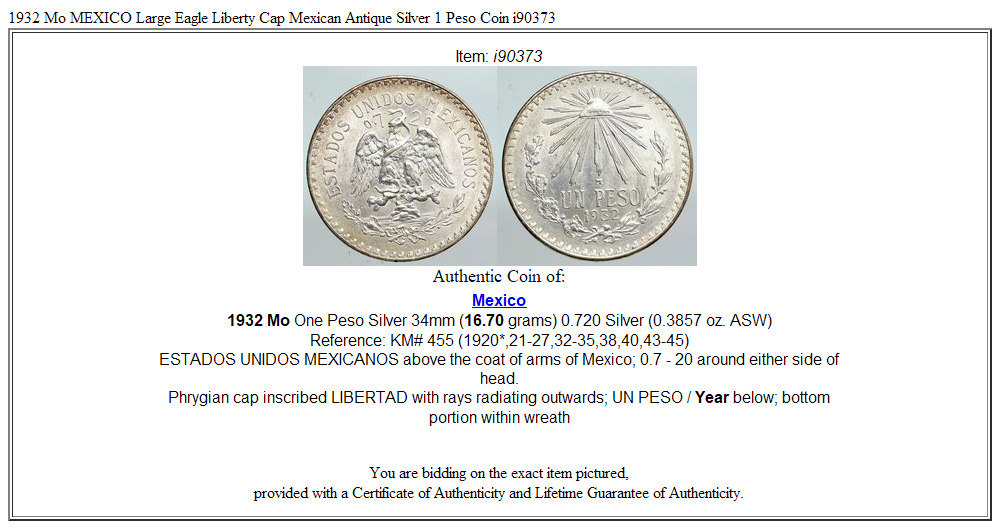 1932 Mo MEXICO Large Eagle Liberty Cap Mexican Antique Silver 1 Peso Coin i90373