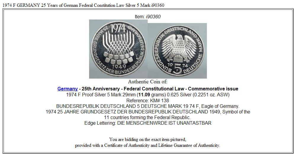 1974 F GERMANY 25 Years of German Federal Constitution Law Silver 5 Mark i90360