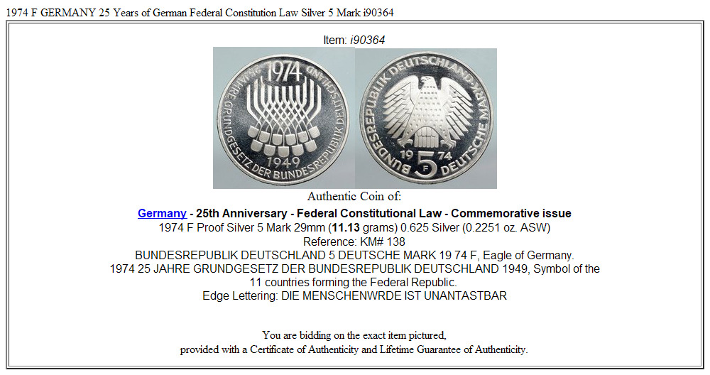 1974 F GERMANY 25 Years of German Federal Constitution Law Silver 5 Mark i90364