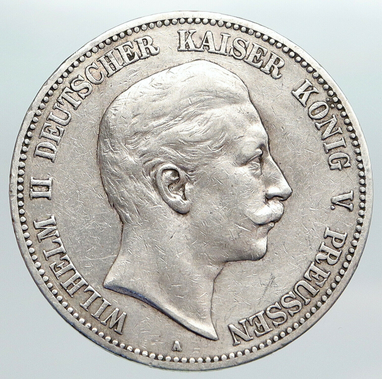 1908 GERMANY GERMAN STATES PRUSSIA WILHELM II Genuine Silver 5 Mark Coin i90442