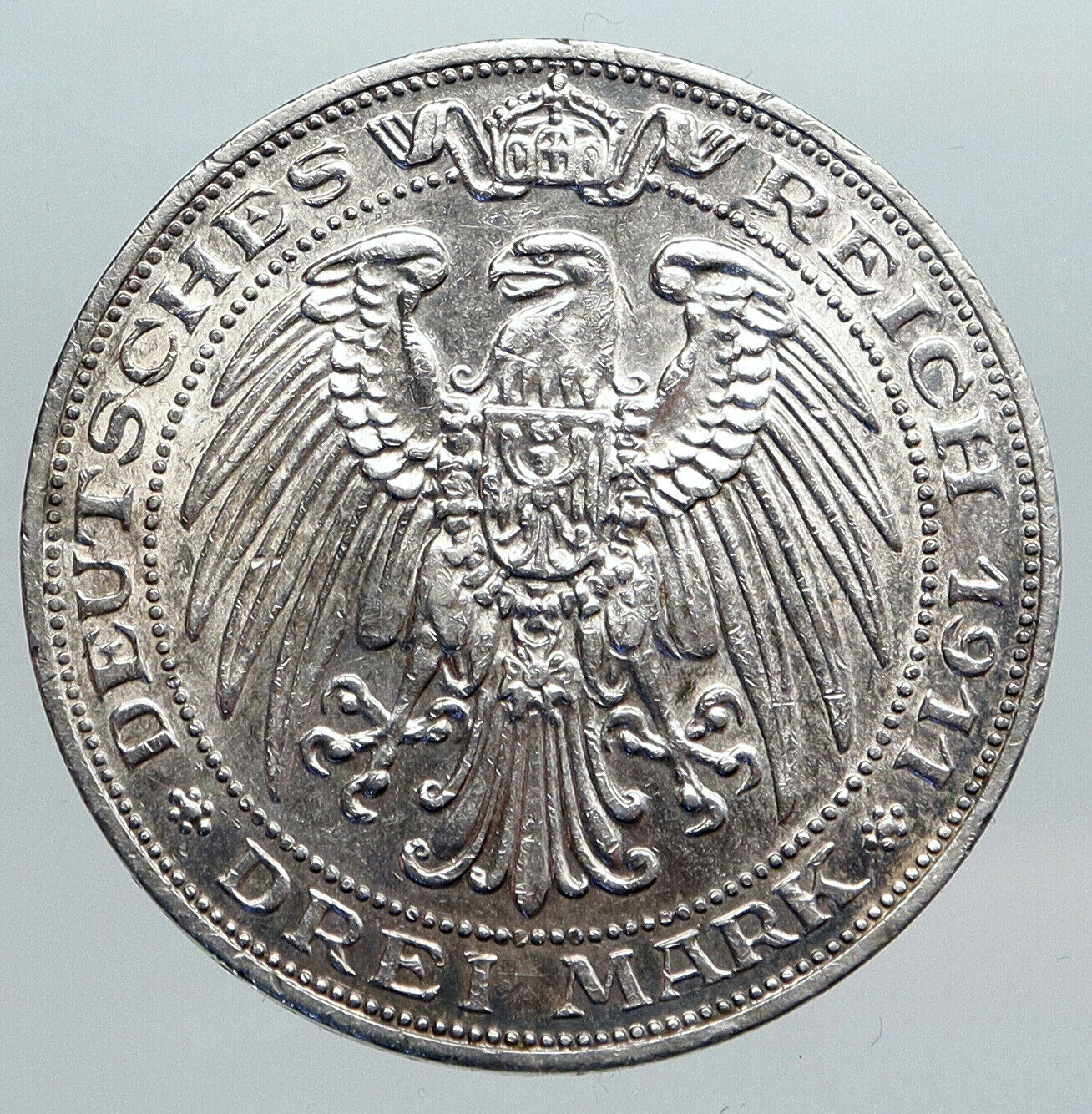 1911 PRUSSIA KINGDOM Germany WILHELM II and III Silver 3 Mark German Coin i90440