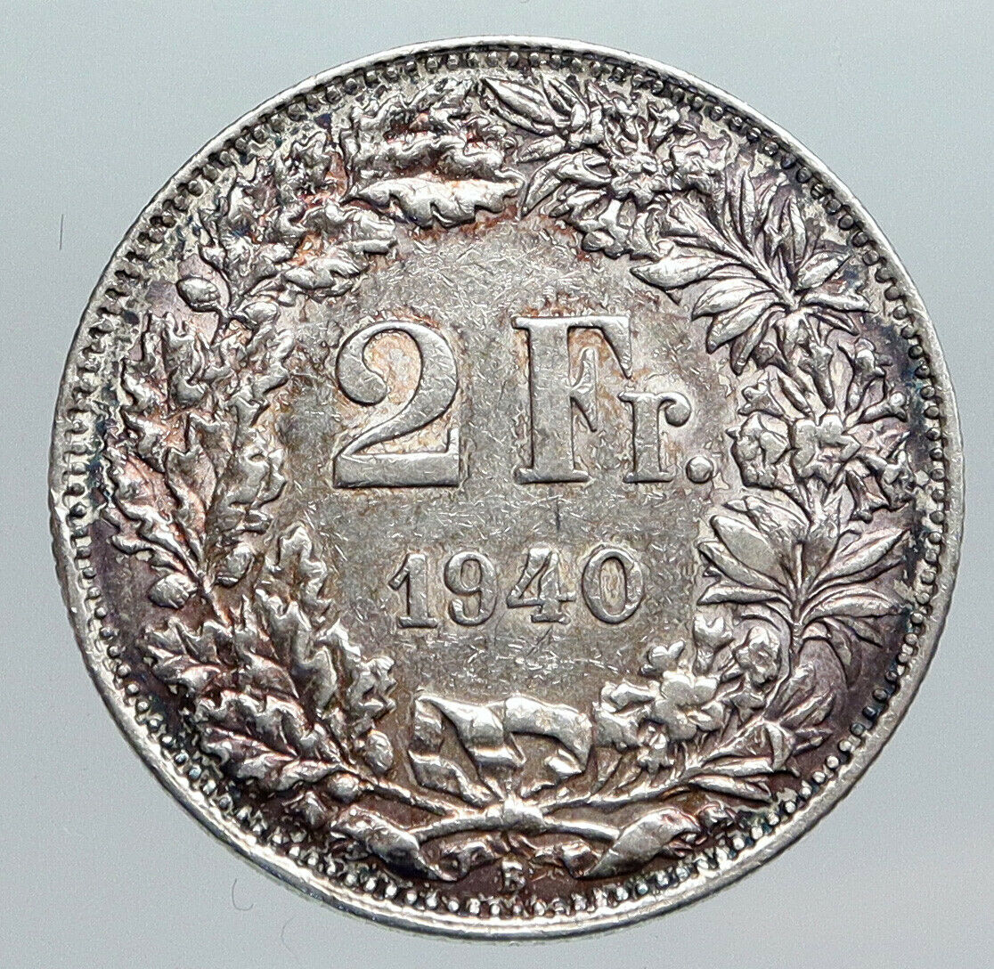 1940 SWITZERLAND - HELVETIA Symbolizes SWISS Nation SILVER 2 Francs Coin i90433