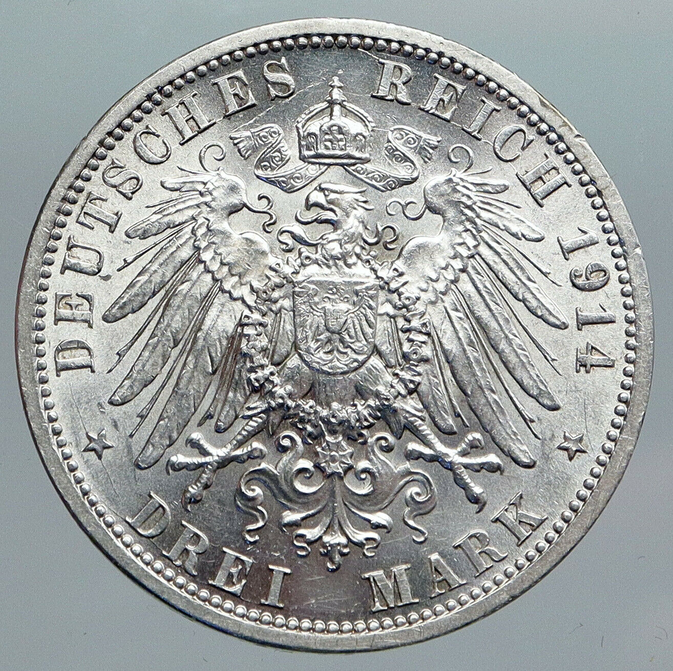 1914A GERMANY GERMAN STATES PRUSSIA WILHELM II Antique Silver 3 Mark Coin i90446