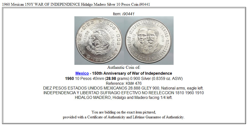 1960 Mexican 150Y WAR OF INDEPENDENCE Hidalgo Madero Silver 10 Pesos Coin i90441