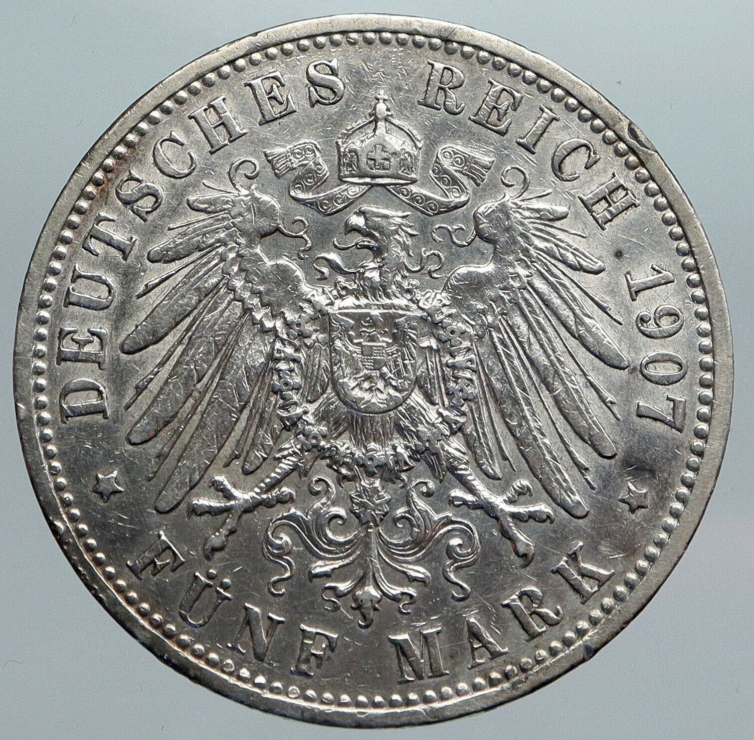 1907 GERMANY GERMAN STATES PRUSSIA WILHELM II Genuine Silver 5 Mark Coin i90447