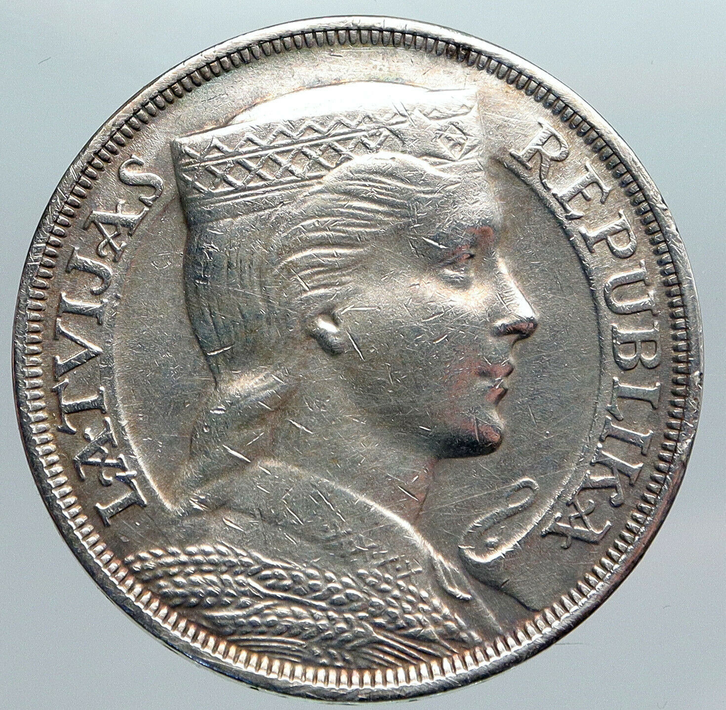 1931 LATVIA w Female Headwear 5 Lati LARGE Vintage Silver European Coin i90452