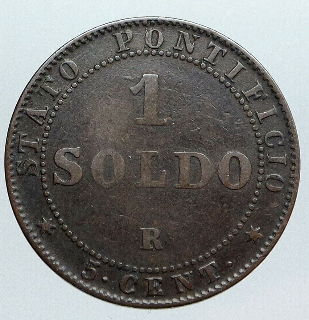 1867 ITALY PAPAL STATES w Pope Pius IX Soldo 5 Cent Antique ITALIAN Coin i90451