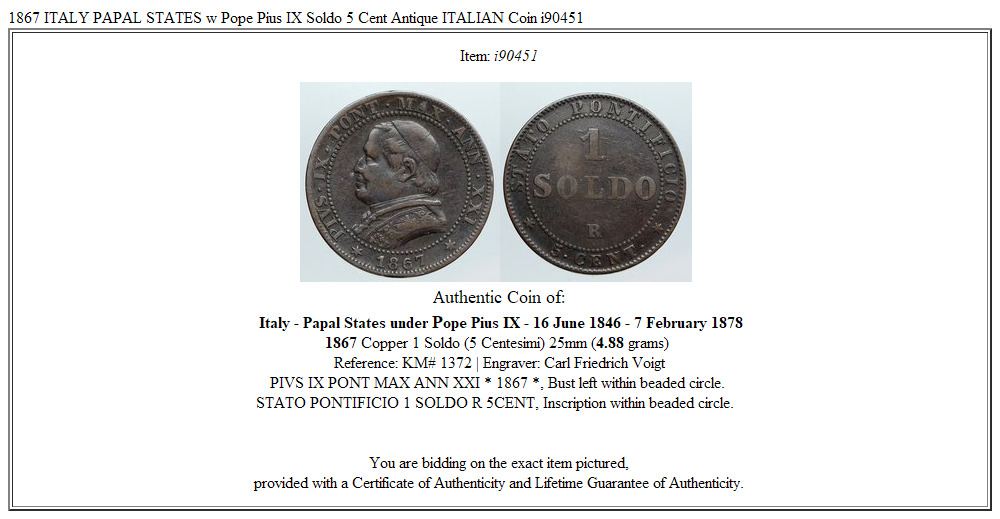 1867 ITALY PAPAL STATES w Pope Pius IX Soldo 5 Cent Antique ITALIAN Coin i90451