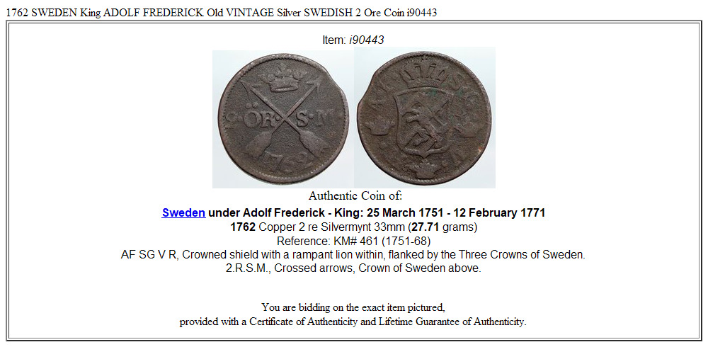 1762 SWEDEN King ADOLF FREDERICK Old VINTAGE Silver SWEDISH 2 Ore Coin i90443