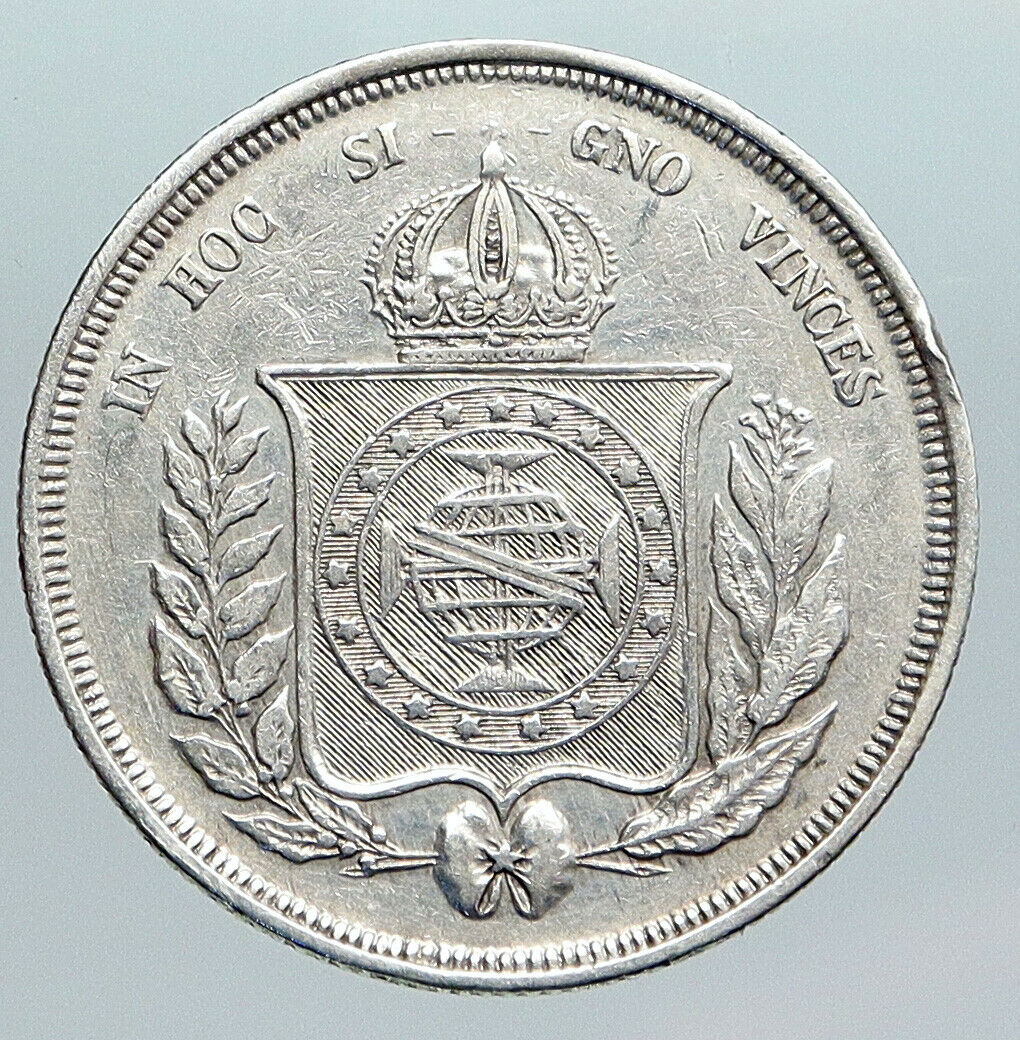 1864 BRAZIL Antique Brazilian Coat-Of-Arms ANITQUE Silver 500 Reis Coin i90457