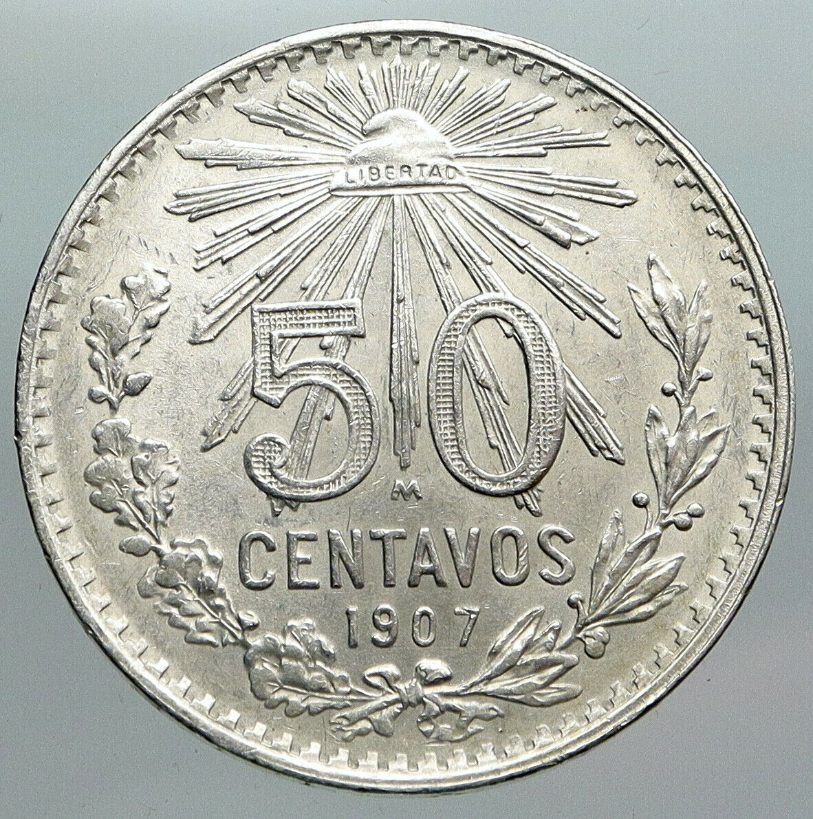 1907 MEXICO City EAGLE CACTUS SERPENT Silver 50 Centavos Mexican Coin i90469