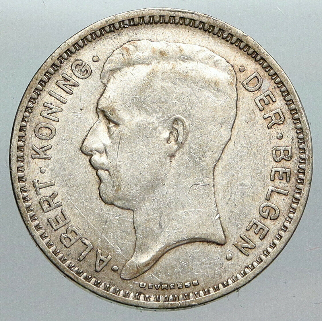 1934 BELGIUM King Albert I Crown Antique Old VINTAGE Silver 20 Franc Coin i90500