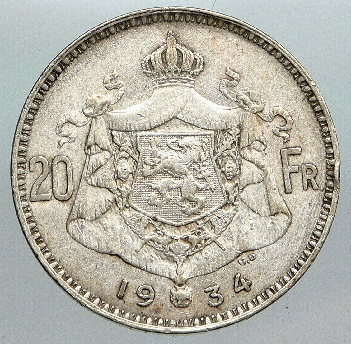 1934 BELGIUM King Albert I Crown Antique Old VINTAGE Silver 20 Franc Coin i90500