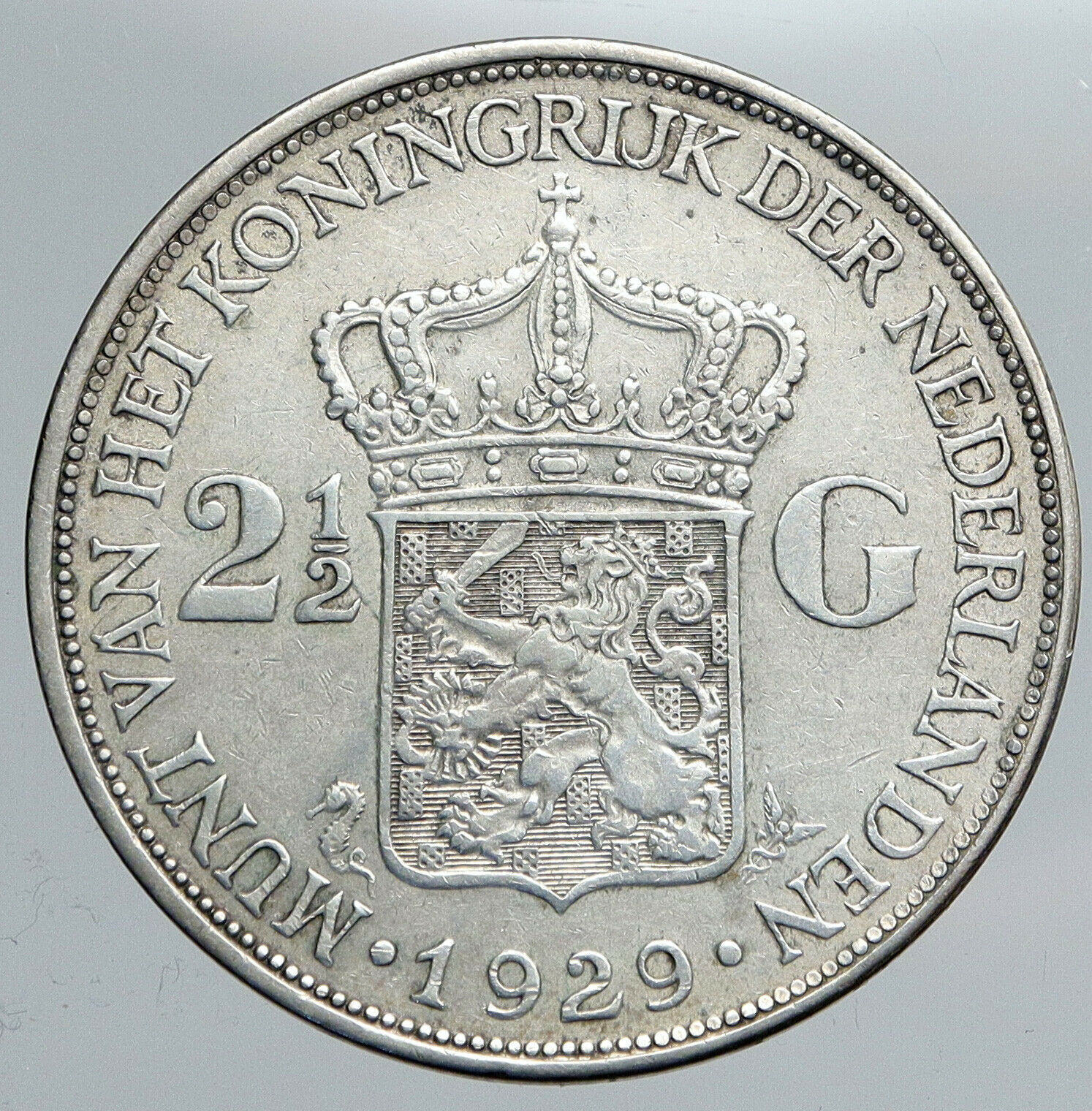 1929 Netherlands Kingdom Queen WILHELMINA 2 1/2 Gulden BIG Silver Coin i90485