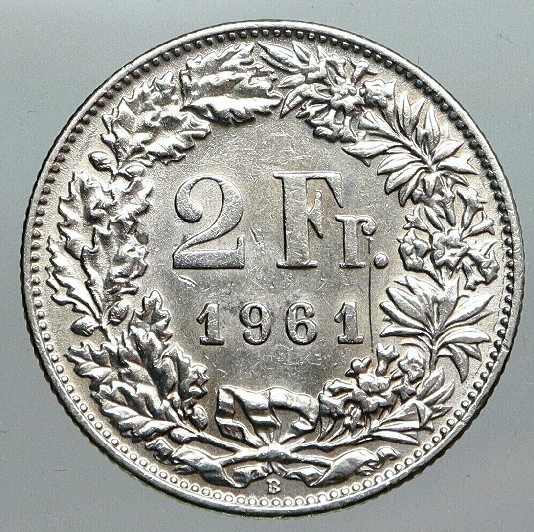 1961 SWITZERLAND - SILVER 2 Francs Coin HELVETIA Symbolizes SWISS Nation i90491