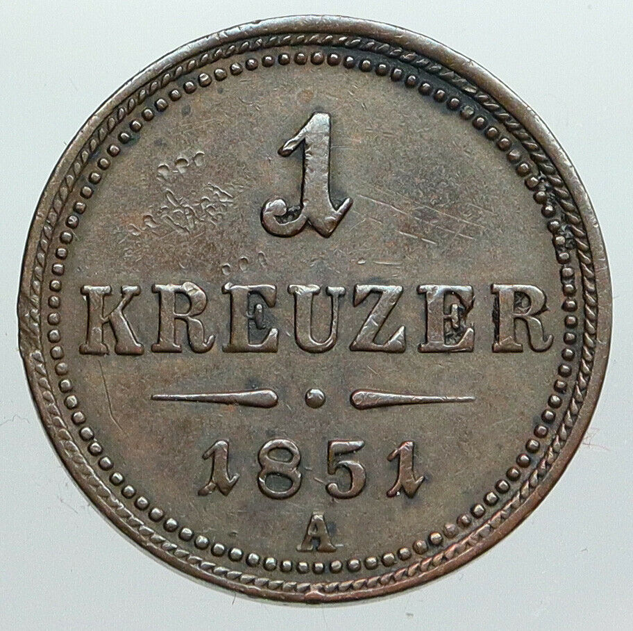 1851 AUSTRIA King Emperor Franz Joseph I Antique 1 Kreuzer Austrian Coin i90498