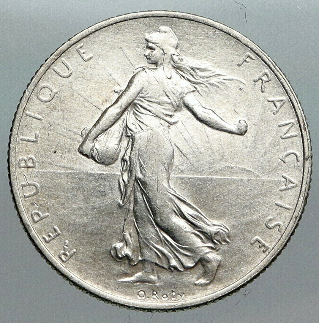 1918 FRANCE Antique Silver 2 Francs French Coin w La Semeuse Sower Woman i90502