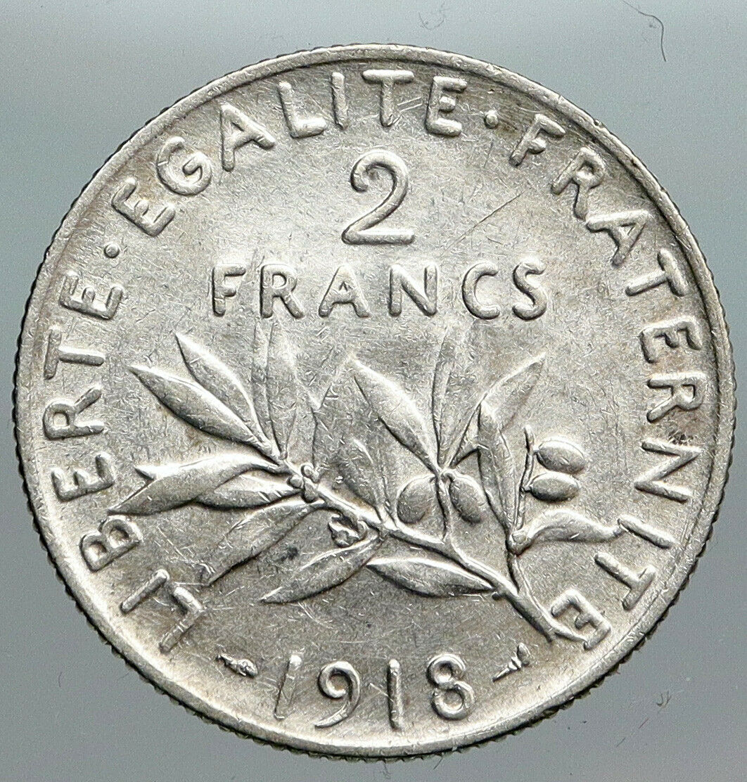 1918 FRANCE Antique Silver 2 Francs French Coin w La Semeuse Sower Woman i90502