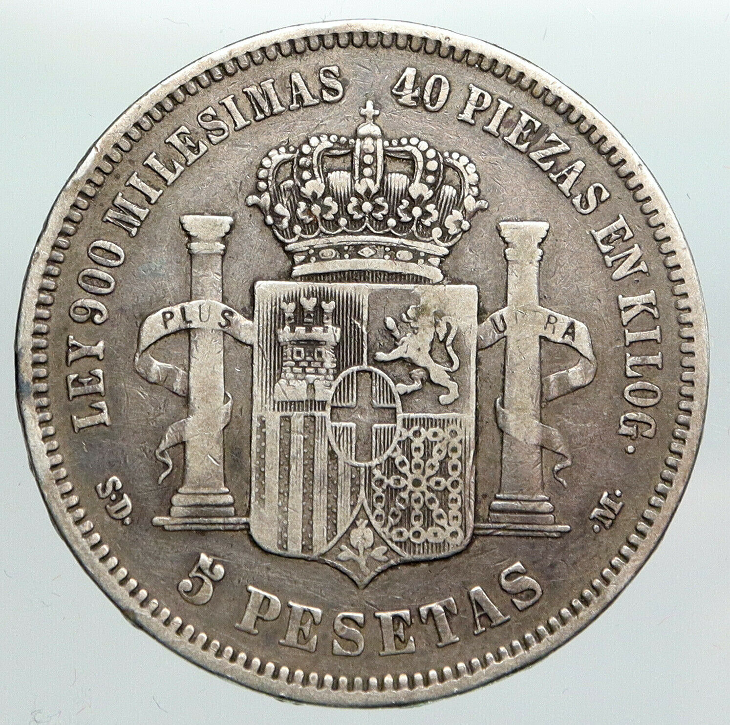 1871 SPAIN w King Amadeo I Amadeus Antique Silver 5 Pesetas Spanish Coin i90506