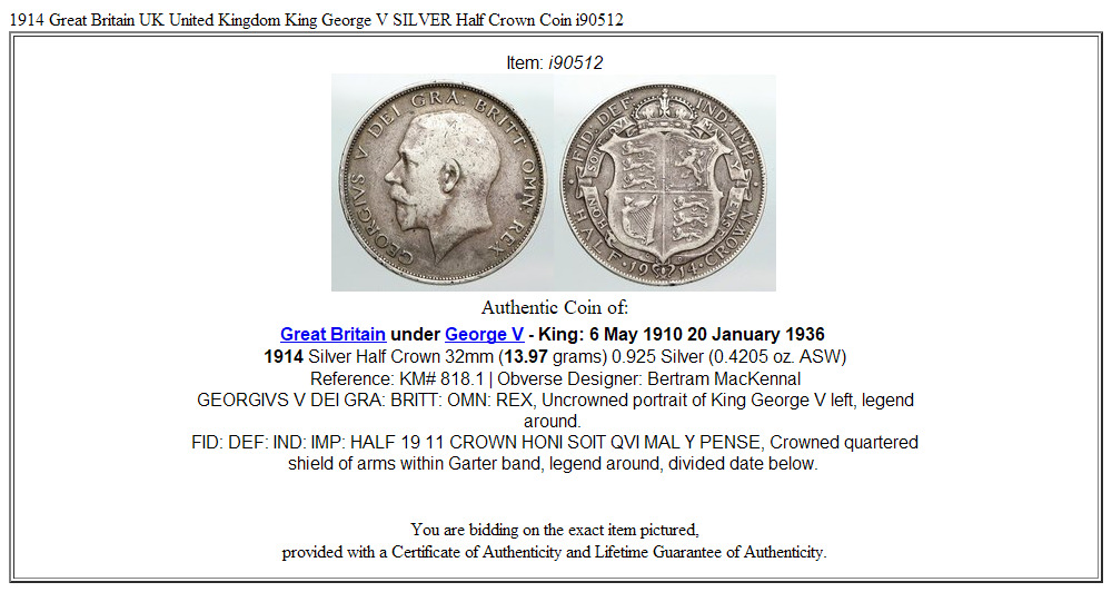 1914 Great Britain UK United Kingdom King George V SILVER Half Crown Coin i90512