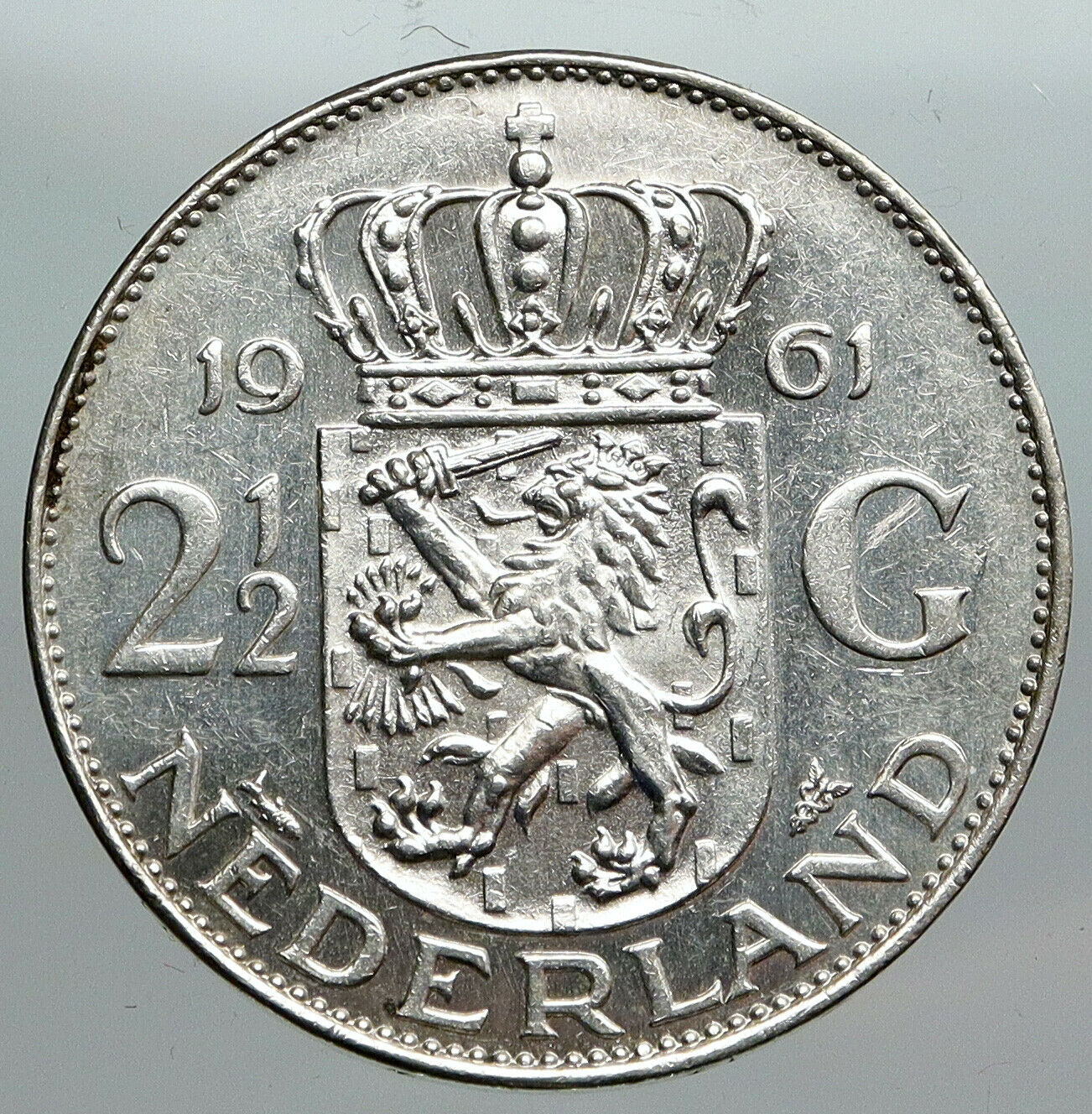 1961 Netherlands Kingdom Queen JULIANA Vintage Silver 2 1/2 Gulden Coin i90515