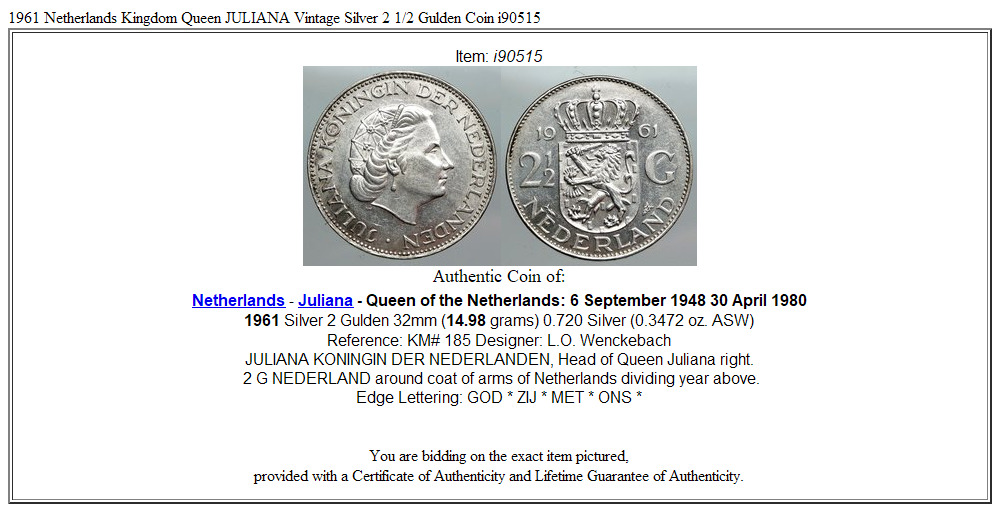 1961 Netherlands Kingdom Queen JULIANA Vintage Silver 2 1/2 Gulden Coin i90515