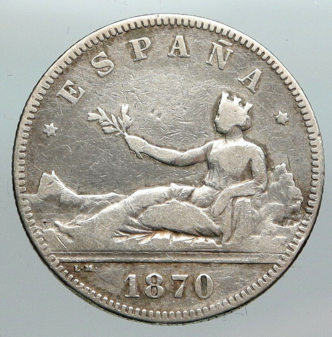 1870 SPAIN Provisional Government Liberty ANTIQUE Silver 2 Pesetas Coin i90511