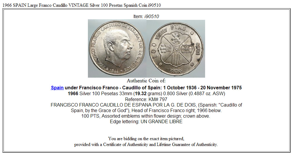 1966 SPAIN Large Franco Caudillo VINTAGE Silver 100 Pesetas Spanish Coin i90510