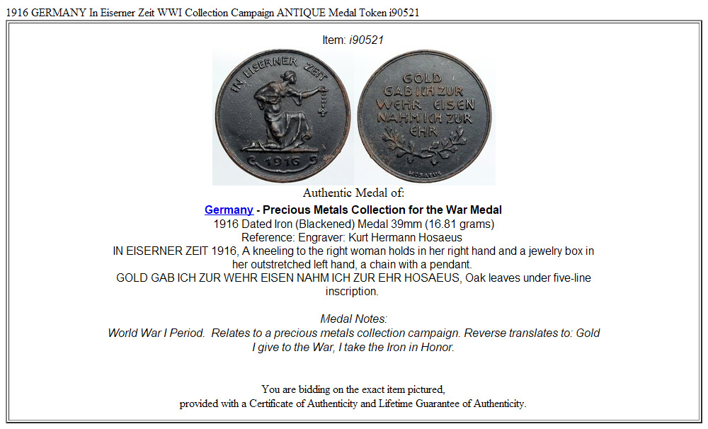 1916 GERMANY In Eiserner Zeit WWI Collection Campaign ANTIQUE Medal Token i90521