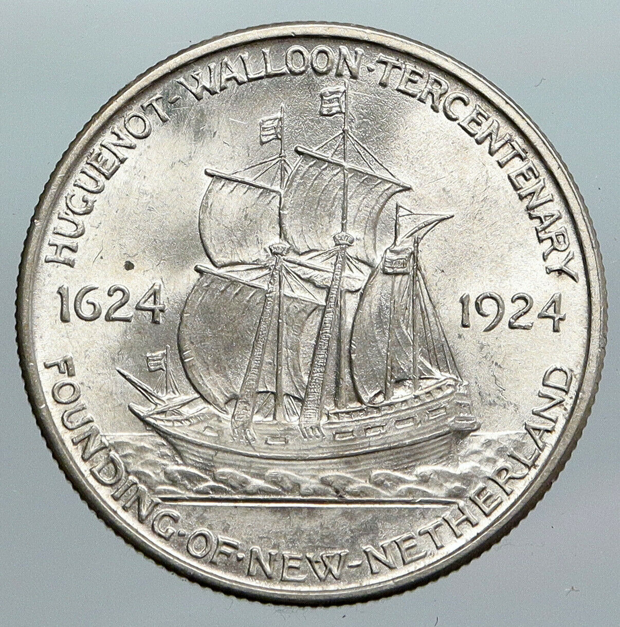 1924 USA Huguenot-Walloon OLD New Netherland SHIP Silver Half Dollar Coin i90524