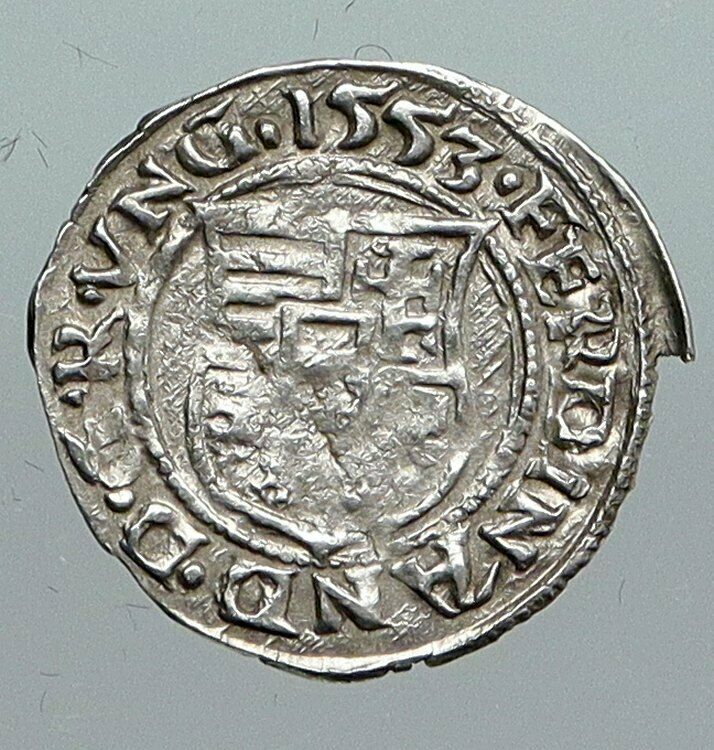 1553 HUNGARY King Ferdinand MADONNA & CHILD ANTIQUE Old Silver Denar Coin i90555